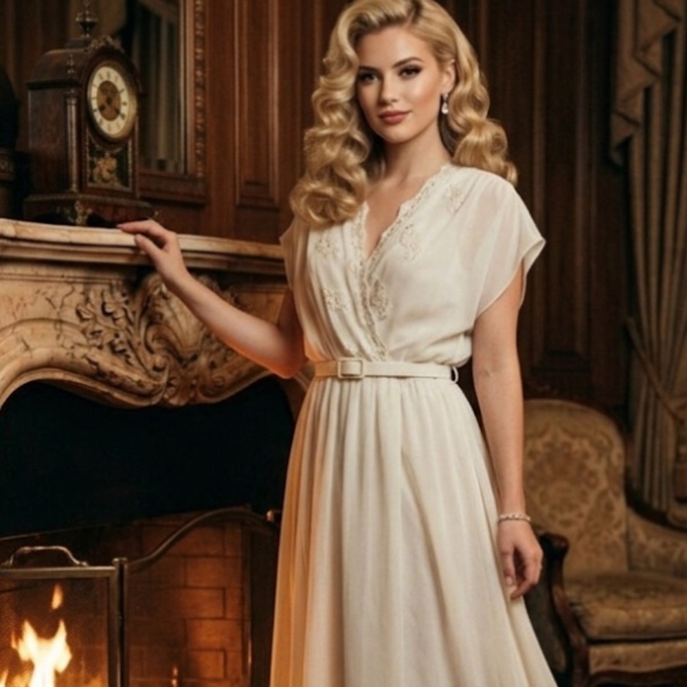 Ivory VINTAGE Chiffon Flowing Lace-Trim Midi Dress with belt